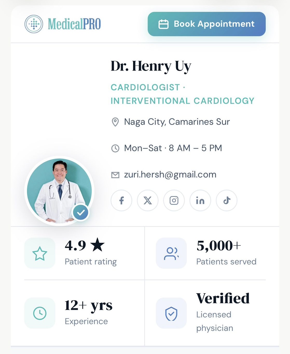 Profile page preview showing Dr. Henry Uy – Cardiologist · Interventional Cardiology in Naga City, Camarines Sur – with a verified portrait, opening hours, contact links, social profiles, and four highlight tiles (4.9 patient rating, 5,000+ patients served, 12+ years experience, verified licensed physician).